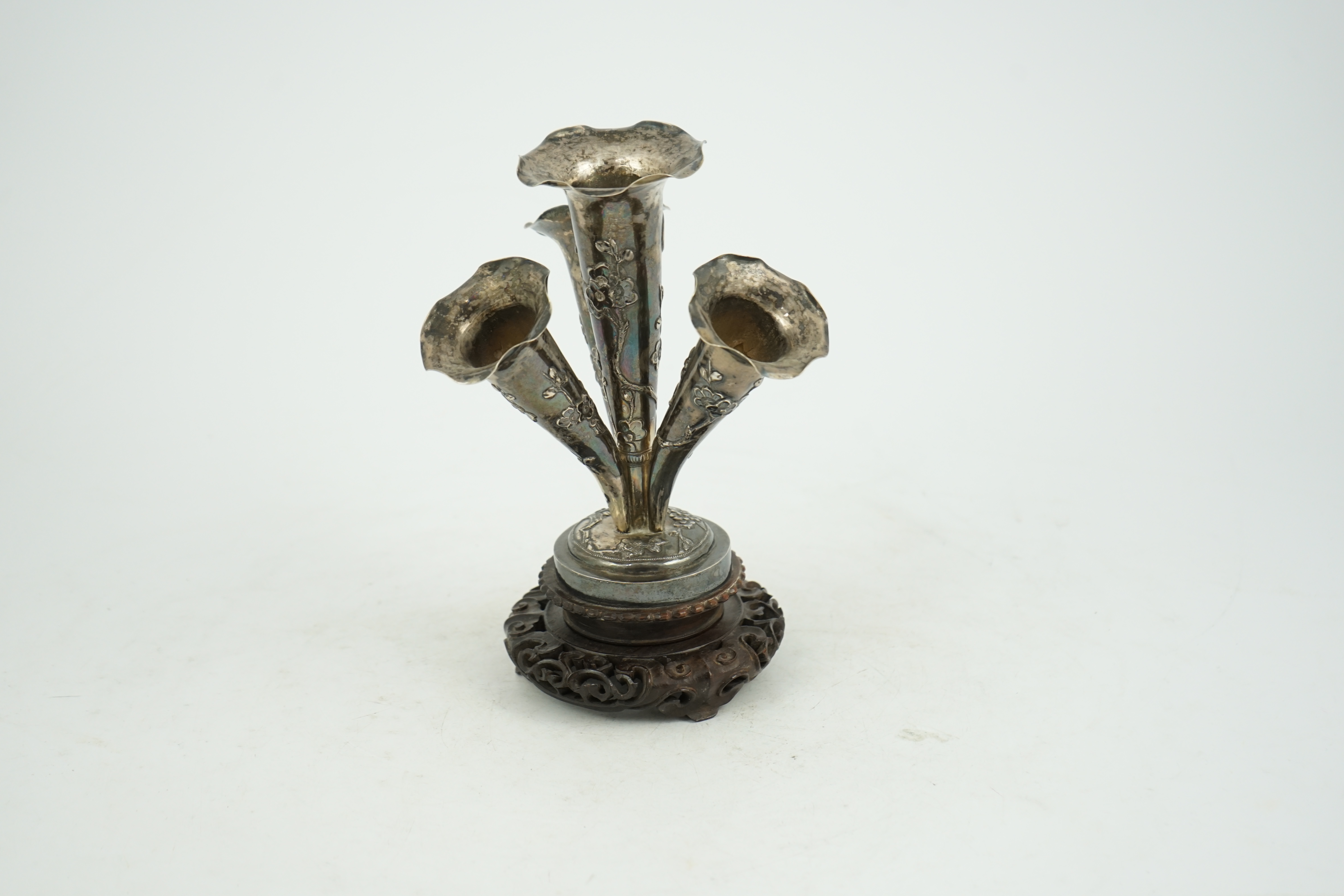 A Chinese export silver quadruple trumpet vase centrepiece, c.1900-1910